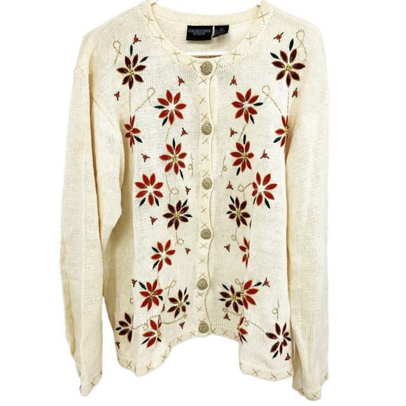 One Resource Floral Cardigan Sweater Cream Button Up Embroidered 2X - Picture 1 of 5